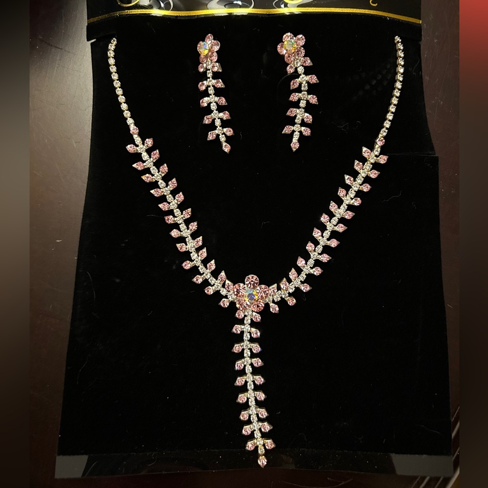 Silver and Pink Necklace and Earring Set
